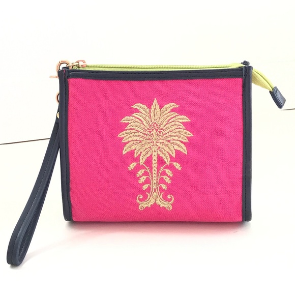 SPARTINA Daufuskie Island Wristlet Pouch Linen Leather Bag Pink Floral Paisley - Picture 1 of 16